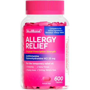 ValuMeds Antihistamínico, difenhidramina HCl 25 mg | Niños y adultos | Alivia la picazón en los ojos, secreción nasal, estornudos (25 mg, 600)
