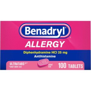 Benadryl Ultratabs, medicamento para la alergia, 25 mg de difenhidramina HCl