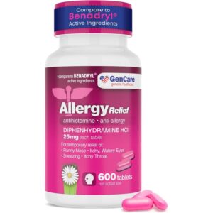 GenCareTabletas de difenhidramina de 25 mg para el alivio de alergias, 600 comprimidos